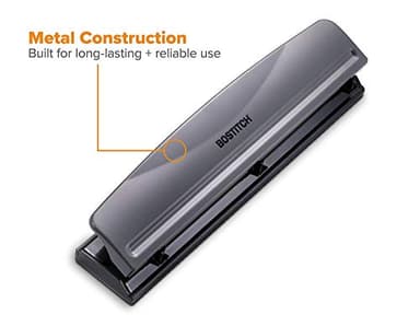 Bostitch Office Premium 3 Hole Punch, 12 Sheet Capacity, Metal, Rubber Base, Easy-Clean Tray, Silver, Gray - Image 3