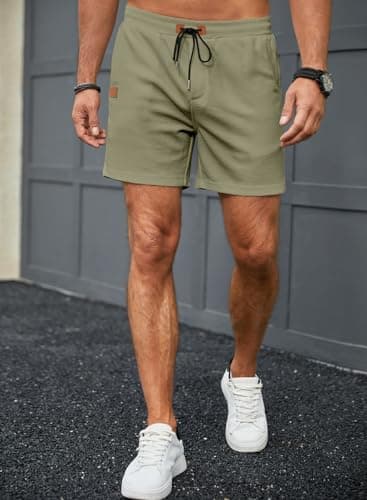 JMIERR Mens Sweat Shorts Summer Fashion Casual Elastic Waist Drawstring Waffle Sports Training Shorts with Pockets 5 Inch Inseam, 3XL, Green - Image 2