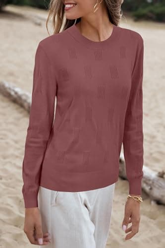 Arach&Cloz Womens Fall Tops 2024 Fashion Long Sleeve Shirt Crew Neck Lightweight Knit Pullover Sweater Blouse Dusty Red - Image 3