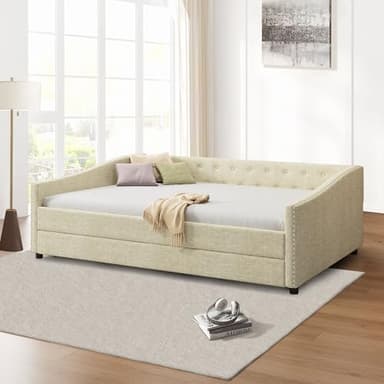 FAVSH Full Size Upholstered Daybed with Trundle,Tufted Sofa Bed w/Button on Back and Piping on Waved Shape Arms for Bedroom Guest Room, No Box Spring Needed,Beige - Image 4
