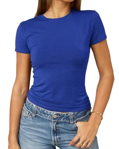 Abardsion Women's Casual Basic Going Out Crop Tops Slim Fit Short Sleeve Crew Neck Tight T Shirts 2025 (Royal Blue, M) - Image 1