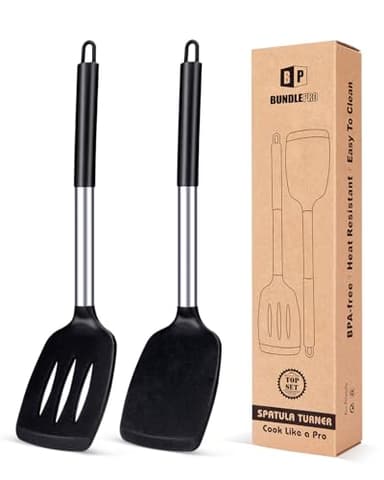 Pack of 2 Silicone Solid Turner, Non Stick Slotted Kitchen Spatulas, High Heat Resistant BPA Free Cooking Utensils, Ideal Cookware for Fish, Eggs, Pancakes(Black) - Image 1