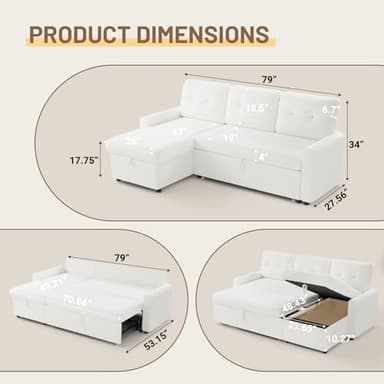 IULULU Sleeper Sofa, L Shaped Boucle Sectional Couch with Pullout Bed, Reversible Storage Chaise, 2 in 1 Pull Out Couches for Living Room, Apartment, Off White - Image 2