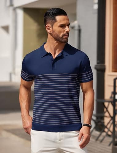 COOFANDY Men's Knitted Polo Shirts Short Sleeve Casual Golf Shirts Vintage Striped Shirts, Navy Blue, Medium - Image 2