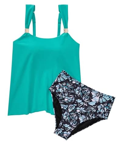 SUUKSESS Women Ruffle High Waisted Tankini Swimsuits Slimming Tummy Control Bathing Suits 2 Piece (Aqua Blue Floral, L) - Image 5