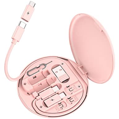 Multi USB Charging Adapter Cable Kit, USB C to iOS Device Adapter Box, Conversion Set A & Type C to Male Micro/Type C/iOS Device, Data Transfer, Card Storage, Tray Eject Pin, Phone Holder (Pink) - Image 1