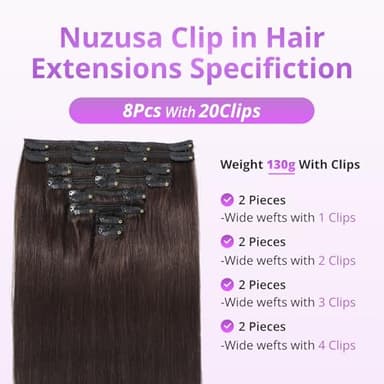 Nuzusa Clip in Hair Extensions Real Human Hair,100% Seamless Invisible Remy Human Hair Silky Straight,Clip Extensions for Women, 8pcs Per Set with Double Weft,2 Dark Brown,26inch 130g/4.6oz - Image 2