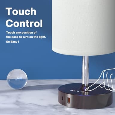 Small Bedside Table Lamp for Bedroom - 3 Way Dimmable Touch Lamp with USB Charging Station and AC Outlet, Wood Base & Fabric Linen Lampshade for Office, Living Room, Dorm, Brown-White, (LED Included) - Image 4
