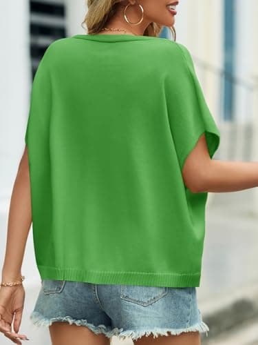Saodimallsu Womens Summer Oversized Cardigans Batwing Short Sleeve Lightweight Button V Neck Casual Knit Sweater Tops Grass Green - Image 5