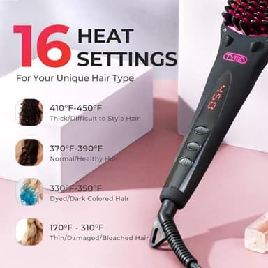 TYMO Ionic Hair Straightener Brush - One-Step Hair Straightener for Women, Straightening Brush with Negative Ions, 16 Temp Settings, LCD Display, Dual Voltage, Hot Comb Flat Iron for Frizz-Free Styles - Image 4