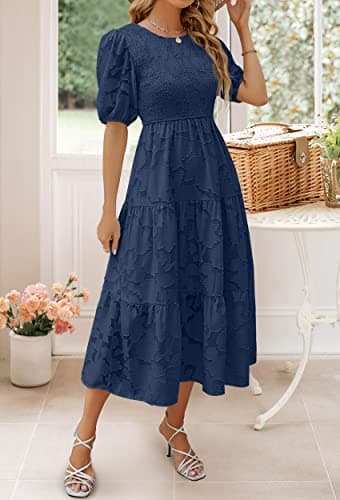 ZESICA Women's 2025 Summer Short Puff Sleeve Crewneck Smocked Floral Lace Flowy A Line Tiered Maxi Dresses,Navy,XX-Large - Image 7