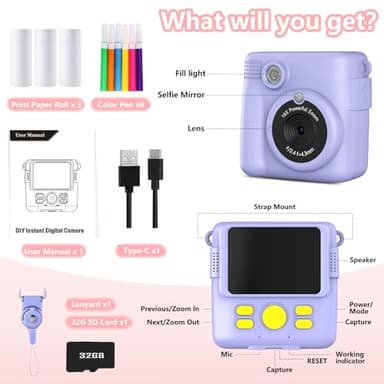 Radekly Instant Print Camera for Kids,Christmas Birthday Gifts for Age 3-12 Girls Boys，1080P HD Digital Video Cameras for Toddler,Kids Portable Toy with 3 Rolls Photo Paper，32GB Card-Purple - Image 6