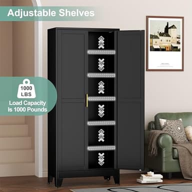 Metal Pantry Cabinet with 2 Doors and 5 Adjustable Shelves, 75" Kitchen Storage cabinets with Gold Handles, Versatile Storage for Laundry Room, Living Room, Bathroom, Dinning Room, Utility Room-Black - Image 5