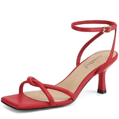AIUNIIND Women's Sandals Square Open Toe Kitten Heels Strappy Ankle Strap Sandals for Women Comfort Dress Party Shoes Red 9 - Image 1