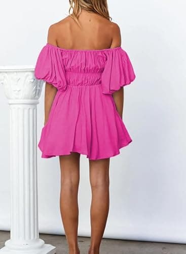 Dokotoo Women One Shoulder Dresses Fashion 2023 Lantern Sleeve Hot Pink Pirate Dress Ruffle Elastic Waist A-Line Spring Dresses for Wedding Guest X-Large - Image 3