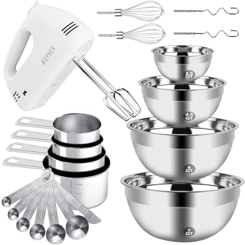WEPSEN Hand Mixer Electric Mixing Bowls Set, 5 Speeds Handheld Mixer with 4 Nesting Stainless Steel Mixing Bowl, Measuring Cups Spoons 200W Kitchen Blender Whisk Beater Baking Supplies For Beginner - Image 1