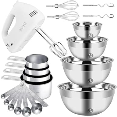 WEPSEN Hand Mixer Electric Mixing Bowls Set, 5 Speeds Handheld Mixer with 4 Nesting Stainless Steel Mixing Bowl, Measuring Cups Spoons 200W Kitchen Blender Whisk Beater Baking Supplies For Beginner - Image 1