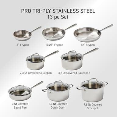 T-fal Pro Tri-Ply Stainless Steel Cookware Set 13 Piece, Induction Compatible Oven Safe 500F, Lids 350F, Fast & Even Heat, Professional Quality & Durability, Pots and Pans Set, Dishwasher Safe, Silver - Image 2