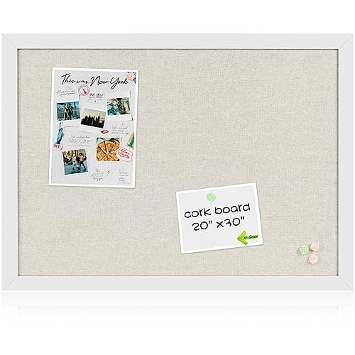 Board2by White Cork Board Bulletin Board with Linen, Wood Framed 30" x 20" Corkboard, Office Board for Wall Decor, Wall Mounted Pin Board Picture Board with 20 Pushpins for School, Home & Office - Image 1
