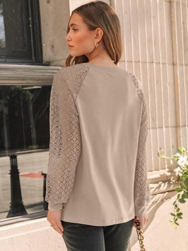 AUTOMET Womens Long Sleeve Shirts Lace Tops Business Casual Blouses 2025 Fall Fashion Teacher Outfits Trendy Clothes Knit T Y2k Ladies Dressy Work Professional Clothing Khaki L - Image 4