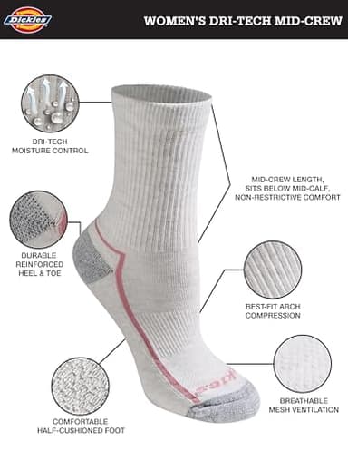 Dickies Women's Dri-Tech Advanced Moisture Wicking Mid-Crew Socks, Available in M-L (6,12 Pairs), Blush Assorted (6 Pairs), Medium - Image 2
