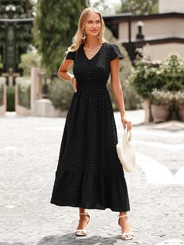 PRETTYGARDEN Womens 2025 Spring Swiss Dot Maxi Dress Short Sleeve V Neck Smocked Waist Ruffle Tiered Flowy Long Party Dresses(Black, XX-Large) - Image 6