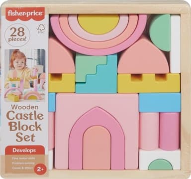 Fisher-Price Wood Toddler Toy Castle Block Set, 28 Wooden Pieces for Stacking Developmental Play Preschool Kids Ages 2+ Years - Image 1