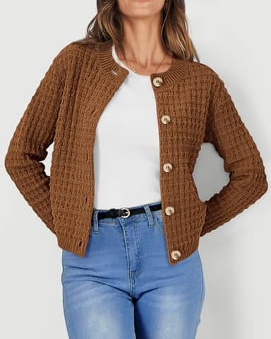 PRETTYGARDEN Women's Knit Cardigan Sweaters Casual Long Sleeve Open Front Button Down Trendy Jackets Outerwear (Coffee,Medium) - Image 3