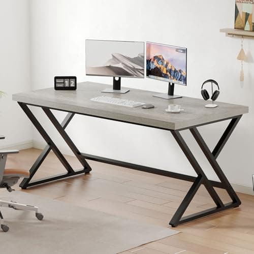 LVB Grey Desk, Industrial Wood Home Office Computer Desk for Bedroom, Farmhouse Metal Wooden Study Work PC Gaming Writing Table, Modern Simple Executive Writing Desk, 47 Inch, Light Gray - Image 1