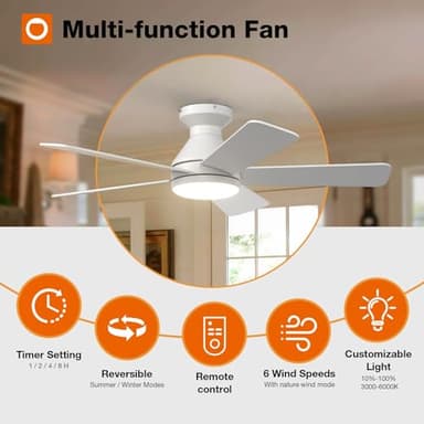 addlon Ceiling Fans with Lights, 42 Inch Low Profile Ceiling Fan with Light And Remote Control, Flush Mount, Reversible, 3CCT, Dimmable, Quiet, White Small Ceiling Fan for Bedroom Indoor/Outdoor Use - Image 2