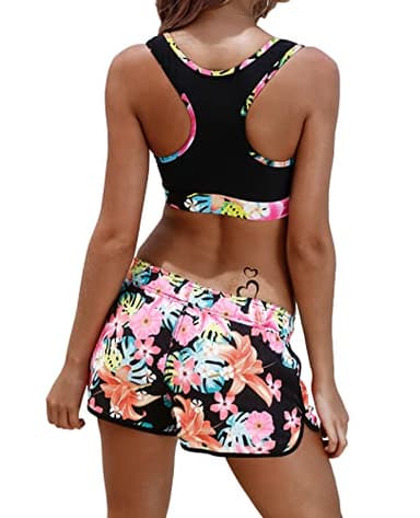 Womens Sport Two Piece Swimsuits Racerback Crop Top Boyshort Bottom（S，Black Print） - Image 2