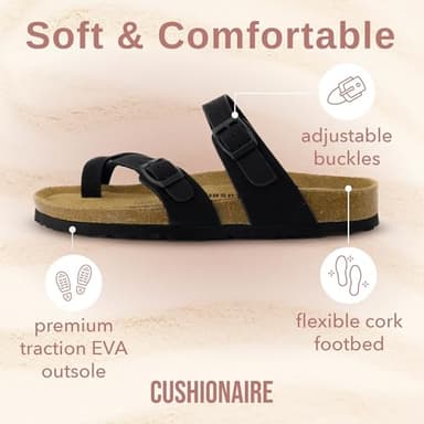 CUSHIONAIRE Luna Crossover Toe Strap Womens Sandals – Cork Footbed Slides with Adjustable Straps, Summer Sandals for Women 2025, BLACK 9 - Image 4