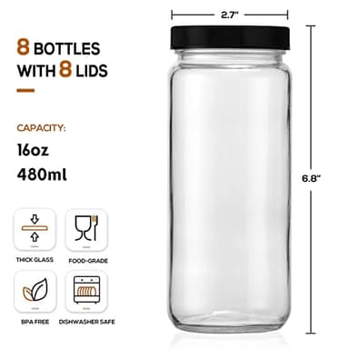 [ 8 Pack ] Glass Juicing Bottles with 2 Straws & 2 Lids w Hole- 16 OZ Travel Drinking Jars, Water Cups with Black Airtight Lids, Reusable Tall Mason Jar for Juice, Bubble Tea, Smoothie, Tea, Kombucha - Image 2