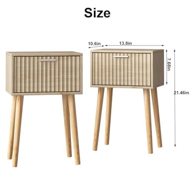 LAATOOREE Nightstands Set of 2, Small Side Table, Bedside Table with Fluted Door, Solid Wood Feet; Modern Mid-Century End Table for Bedroom, Small Space (Natural) - Image 3
