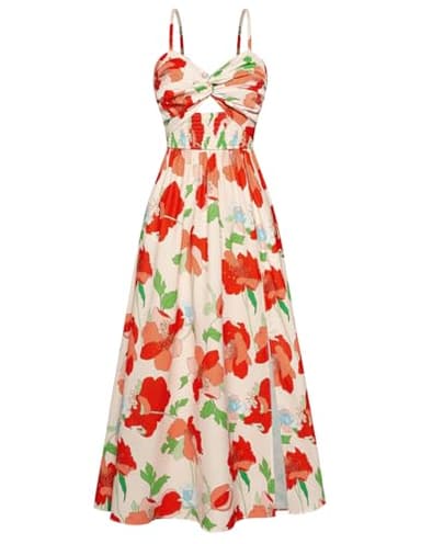 Women's Casual Maxi Sundress Sleeveless Spaghetti Strap Twist Front Floral A line Beach Dress with Pockets Red Floral XL - Image 1