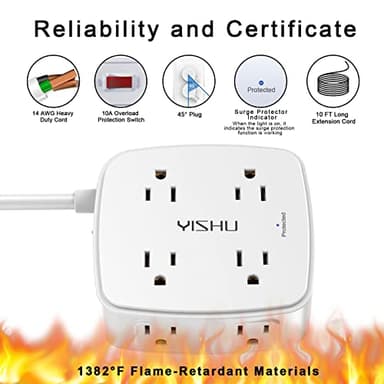 10 Ft Surge Protector Power Strip - YISHU 3 Side Outlet Extender with 8 Widely AC Outlets and 4 USB Ports, 10 Feet Extension Cord with Flat Plug, Wall Mount Desk USB Charging Station, ETL,White - Image 6