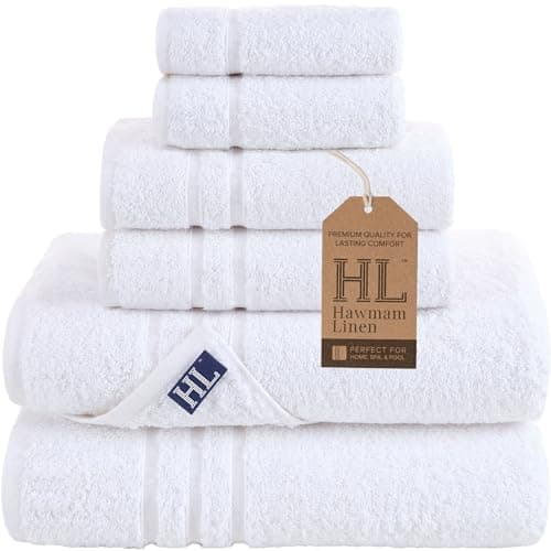 Hawmam Linen White 6 Piece Bath Towels Set for Bathroom Original Turkish Cotton Soft, Absorbent and Premium 2 Bath Towels, 2 Hand Towels, 2 Washcloths - Image 1