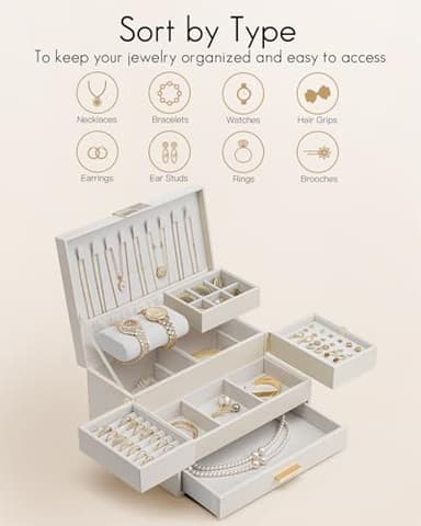 Vlando 3 Layer Jewelry Box - Women Jewelry Box with Retractable Tray - Jewelry Organizers with Drawer for Necklaces, Rings, Bracelets, Earrings, Gift for Couples Mom Girls - Could White - Image 3