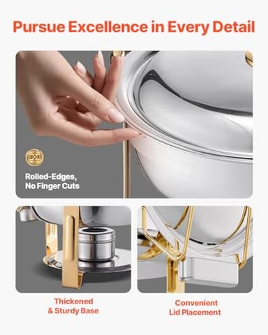 VEVOR Chafing Dish Buffet Set, 5 Qt 4 Pack, Stainless Steel Chafer with 4 Full Size Pans, Round Catering Warmer Server with Lid Water Pan Folding Stand Clip, for Weddings Parties Banquets, Gold - Image 4