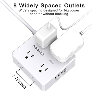 Surge Protector Power Strip - 6 Ft Flat Plug Extension Cord with 8 Widely Outlets and 4 USB Ports(1 USB C), 3 Side Outlet Extender for Home Office, White, ETL Listed - Image 6