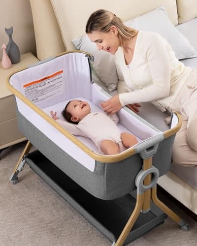 Larex Baby Bassinet Bedside Sleeper for Baby, Baby Crib Bed for Newborn Infant, Bedside Bassinet with Wheels, 5 Adjustable Height, Mosquito Net, Breathable Mattress and Mesh, Storage Basket and Bag - Image 1