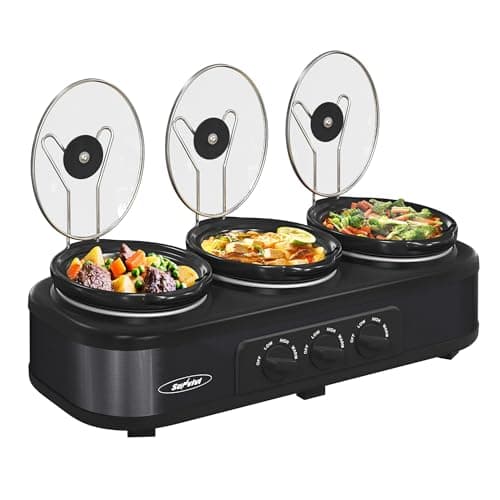 Sunvivi Triple Slow Cooker Buffet Servers and Warmer,3 Pot Food Small Mini Manual Slow Cooker with Adjustable Temp Stainless Steel Lid Rests,Removable Ceramic Pot, 3 * 1.5 Quarts Black - Image 1