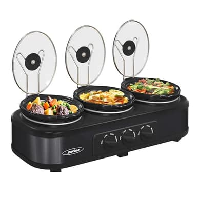 Sunvivi Triple Slow Cooker Buffet Servers and Warmer,3 Pot Food Small Mini Manual Slow Cooker with Adjustable Temp Stainless Steel Lid Rests,Removable Ceramic Pot, 3 * 1.5 Quarts Black - Image 1