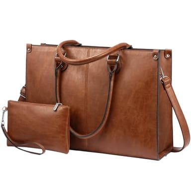LOVEVOOK Laptop Tote Bag for Women, 15.6 Inch Large Capacity Vintage Leather Work Computer Bag, Business Casual Shoulder Handbag, Dark Brown - Image 1