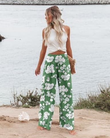 Angerella Pants for Women Ladies Casual Loose Wide Leg Cozy Palazzo Pants Comfy High Waisted Yoga Pants with Pocket GreenWhite S - Image 2