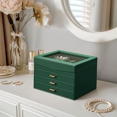 TidyStash 4 Layer Jewelry Box with Lid, Classic Jewelry Organizer with 3 Drawers for Women Girls, Adjustable Compartments, Modern Style, Green - Image 7