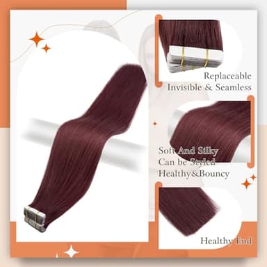 Full Shine Hair Extensions Wine Red 99J Tape in Hair Extensions Human Hair 22Inch Tape in Extensions Invisible Human Hair Extension Burgundy Seamless Skin Weft Hair 50Gram 20Pcs Remy for Women - Image 2