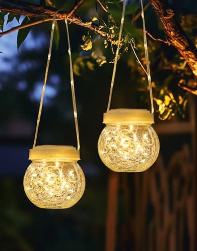 Solar Lantern Solar Lights Outdoor Waterproof 2-Pack, Solar Powered Hanging Lights Cracked Glass Hanging Globes for Christmas Decoration, Shepherd Hook, Garden Tree Ornaments, White Cap, Warm White - Image 1