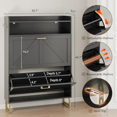 BORNOON Shoe Cabinet with 2 Flip Drawers Narrow Shoe Storage Cabinet Organizer Wooden Freestanding Rack Hidden Slim Storage for Entryway, Hallway, Living Room, Bedroom - Image 2