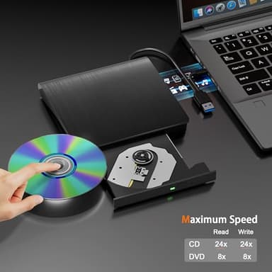 juwuoi External CD/DVD Drive for Laptop PC CD DVD Player USB 3.0 Portable Optical Drive CD Burner Compatible with Windows 10 11 Linux Mac OS (Black) - Image 2
